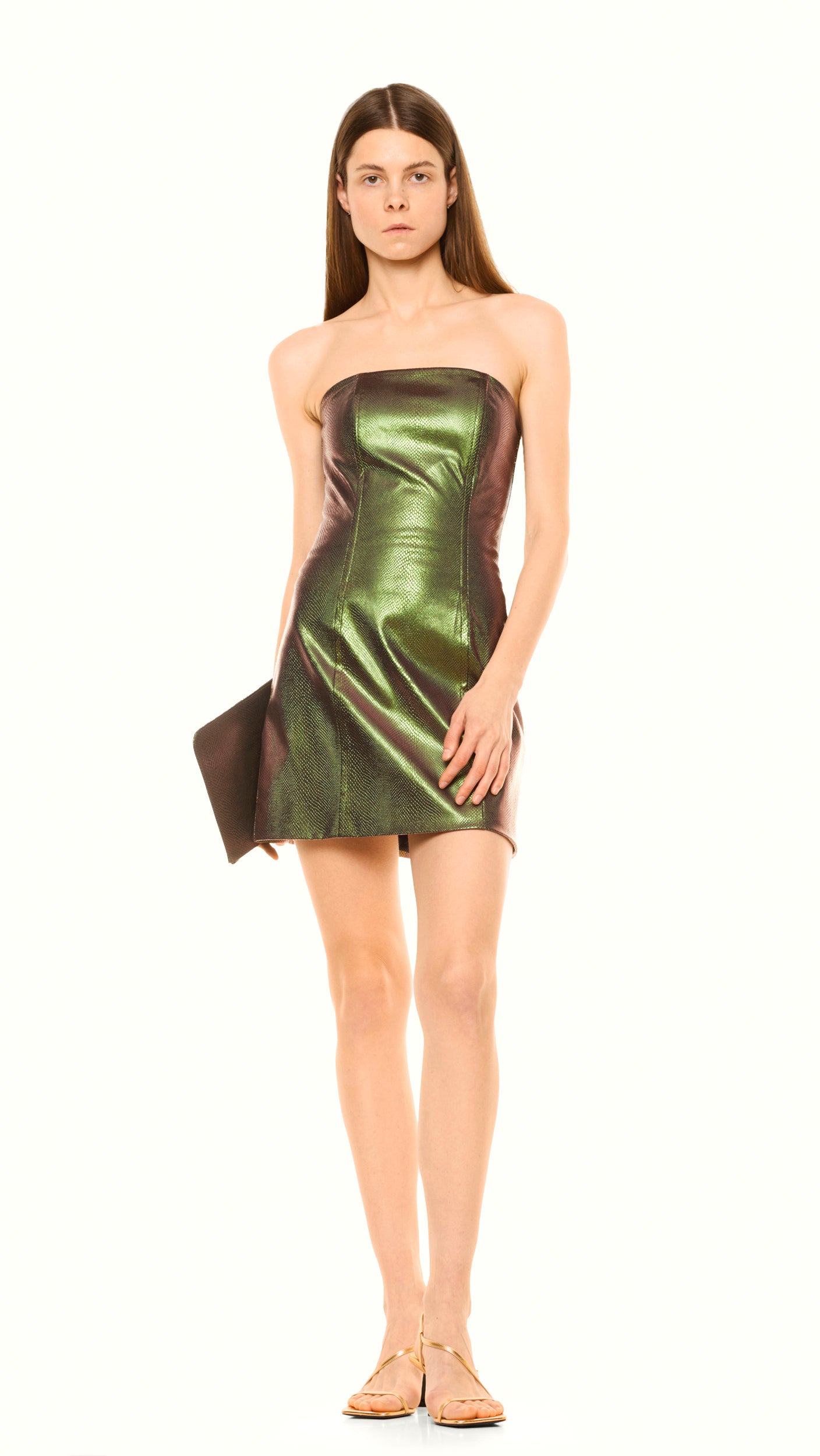 Strapless iridescent leather dress